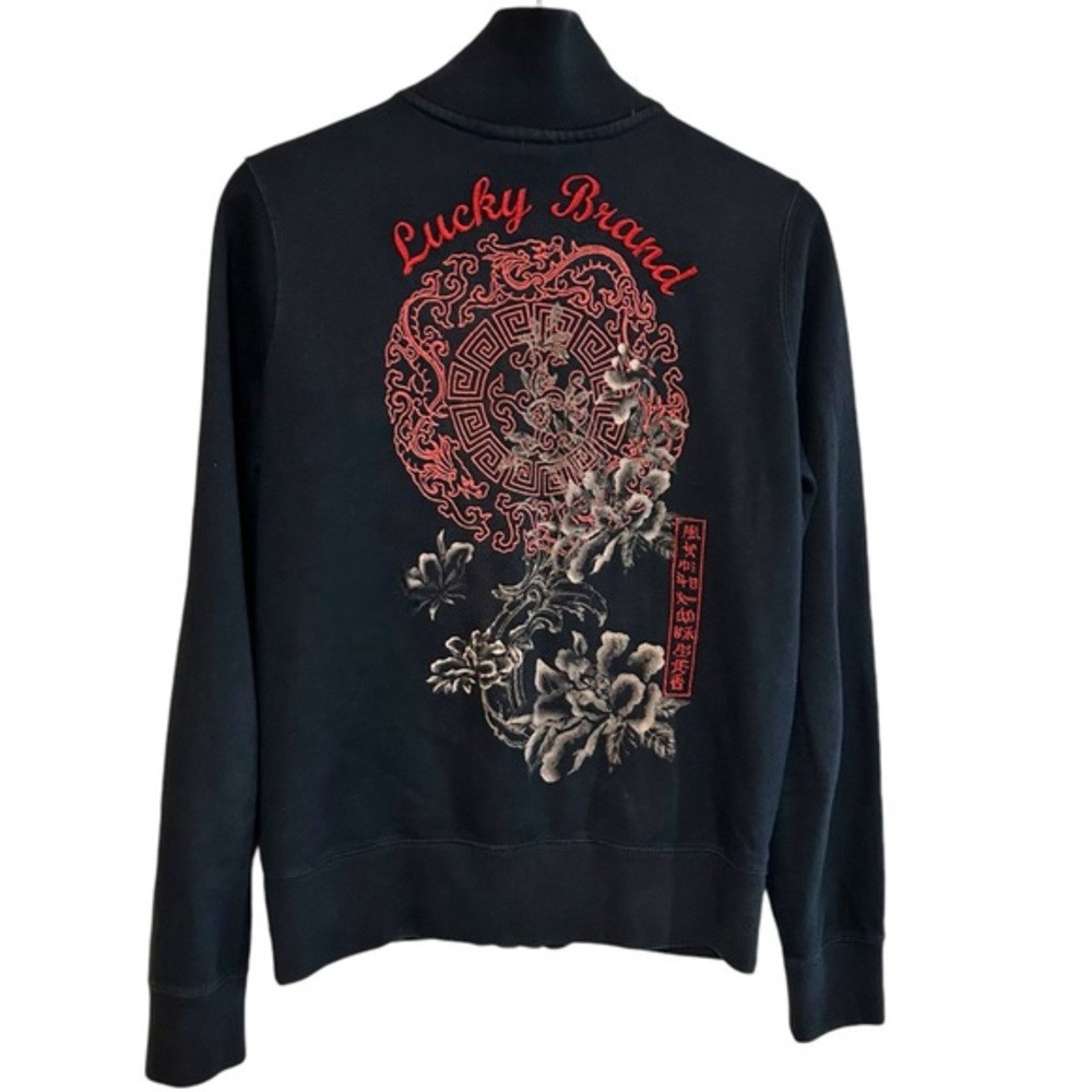 Y2K lucky brand M sweatshirt zip up jacket Asian embroidered graphic embroidery